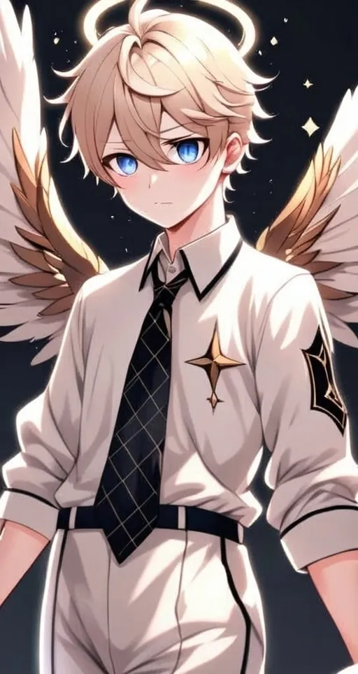 Prompt: anime, detailed, has blue eyes with pink blush marks under them, and his blond hair is styled in a wave. He is dressed in a tan and white outfit with gold accents and a black tie, topped with a white and blue robe adorned with star-like patterns. A halo floats above his head. He holds a large, ornate sword with a glowing hilt and an eye design, usually sheathed in a white sheath at his side. Six large, elaborate wings, soft and feathery in cream with golden parts, emphasize his angelic nature, very detailed