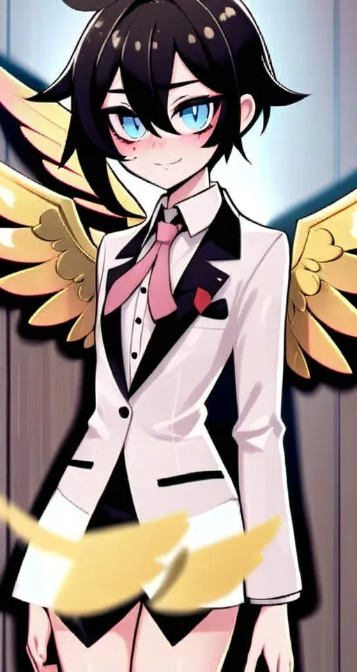 Prompt: has three, blue eyes with pink blush marks under them, wears a white suit, has six golden wings, very detailed, in the style of Hazbin Hotel. 