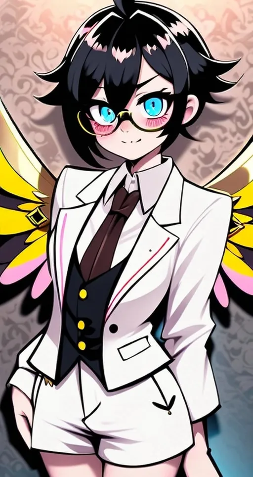 Prompt: has three, blue eyes with pink blush marks under them, wears a white suit, has six golden wings, very detailed, in the style of Hazbin Hotel. 