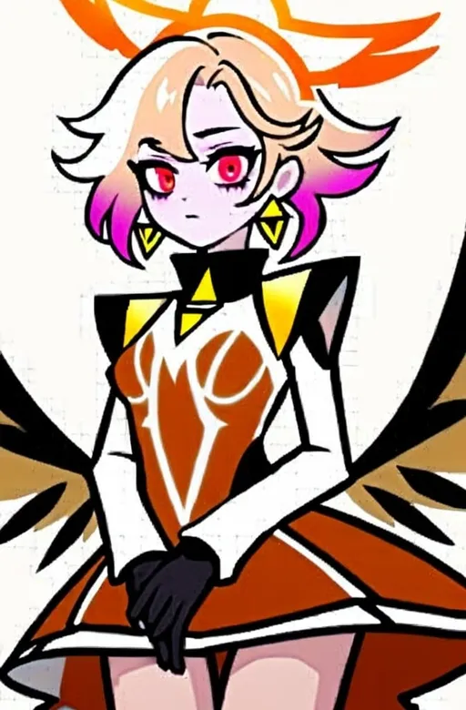 Prompt: anime, girl, detailed, large, expressive bright red eyes and long, wavy hair that transitions from light pink to magenta. A glowing halo floats above her head, and large, golden wings. She wears a form-fitting orange bodysuit with black and white accents, featuring a high collar, flared cuffs, and a semi-transparent orange skirt. Her accessories include triangle-shaped earrings and black gloves covering her forearms. Her legs are white with orange accents, and orange high-heeled boots, very detailed
