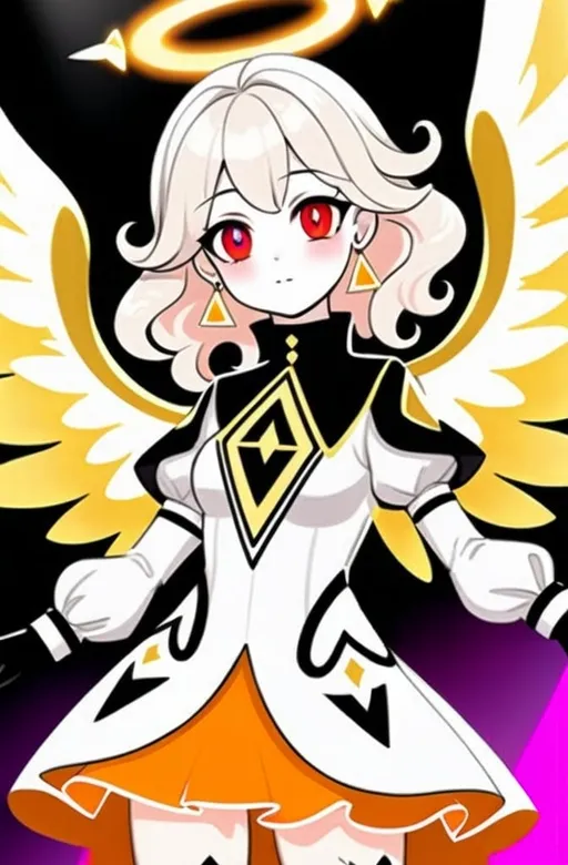 Prompt: anime, girl, detailed, large, expressive bright red eyes and long, wavy hair that transitions from light pink to magenta. A glowing halo floats above her head, and large, golden wings. She wears a form-fitting orange bodysuit with black and white accents, featuring a high collar, flared cuffs, and a semi-transparent orange skirt. Her accessories include triangle-shaped earrings and black gloves covering her forearms. Her legs are white with orange accents, and orange high-heeled boots, very detailed