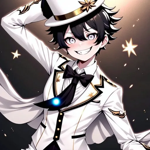Prompt: anime, detailed, he has a smooth, featureless face with a wide, exaggerated grin and multiple stylized eyes, some appearing on the hat and floating around the head. They have dark, claw-like hands contrasting with the light-colored attire. The character wears a large white top hat adorned with gold decorations, including a laurel wreath and other ornate elements. Their outfit includes a white suit with gold trim, shoulder pads with gold details and wing-like designs, and a classic black bow tie. They also have a flowing white cape that transitions to light blue with star-like sparkles at the bottom, very detailed