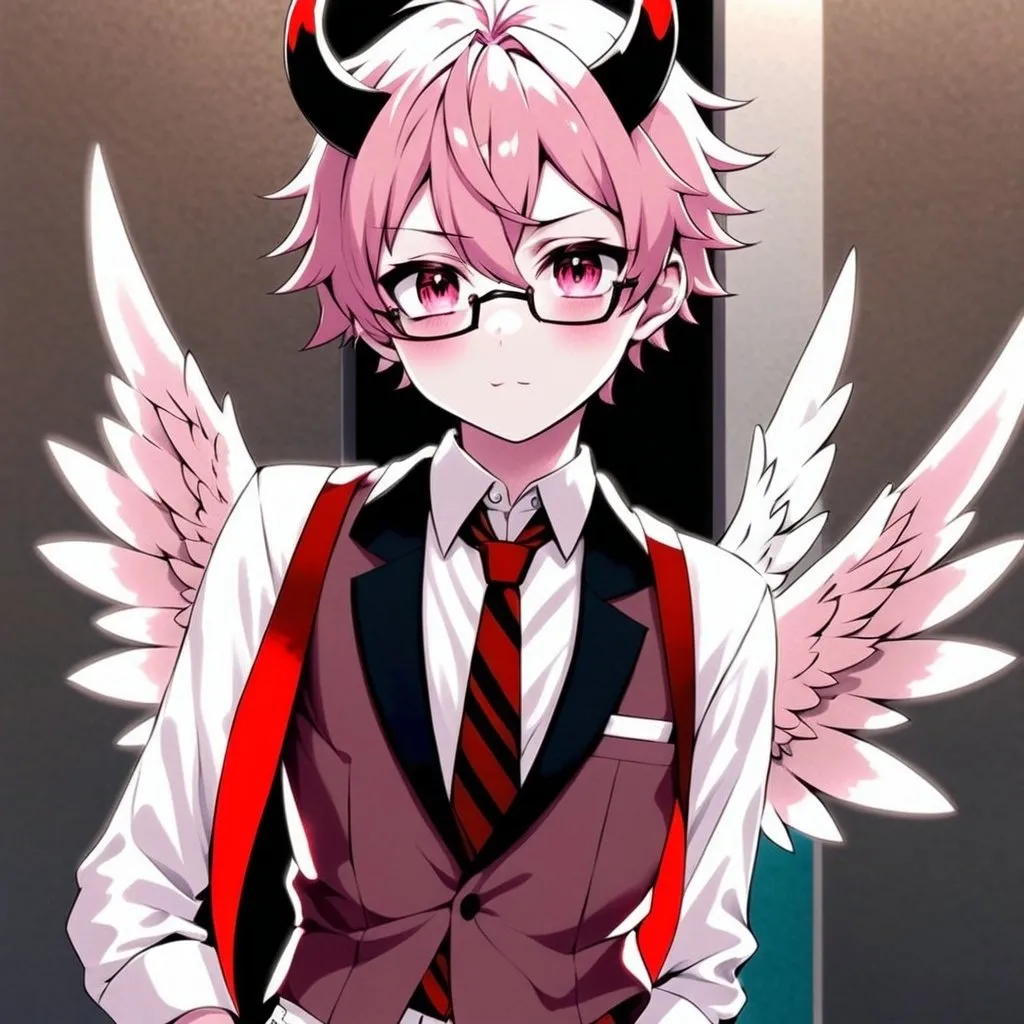 Prompt: anime, boy, detailed, pink hair and red and white horns, they have a red suit on and small pink wings, has red spots all over their light pink skin, very detailed