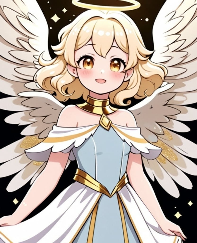 Prompt: anime, girl, young, detailed, She has light gold wings that are large and feathery, suggesting a gentle and serene nature. Her hair is blonde and styled in soft waves that frame her face, which has a cheerful and friendly expression with rosy cheeks. She wears a flowing, off-the-shoulder baby blue dress that complements the color of her wings. The dress is accentuated with gold bands around her neck, upper arms, and lower legs, adding a touch of elegance, very detailed