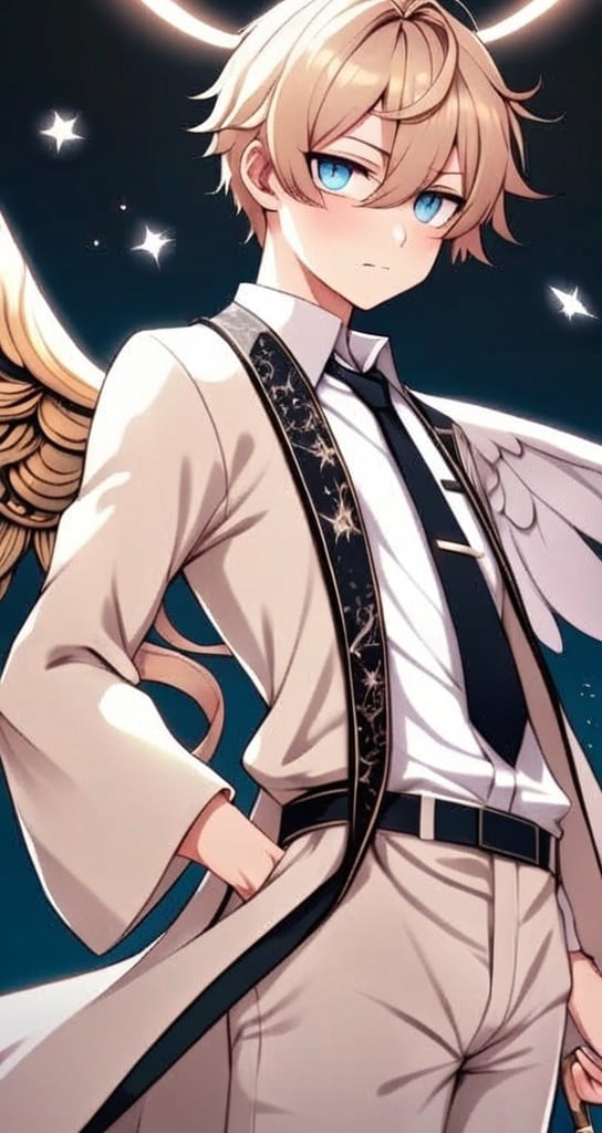 Prompt: anime, detailed, has blue eyes with pink blush marks under them, and his blond hair is styled in a wave. He is dressed in a tan and white outfit with gold accents and a black tie, topped with a white and blue robe adorned with star-like patterns. A halo floats above his head. He holds a large, ornate sword with a glowing hilt and an eye design, usually sheathed in a white sheath at his side. Six large, elaborate wings, soft and feathery in cream with golden parts, emphasize his angelic nature, very detailed