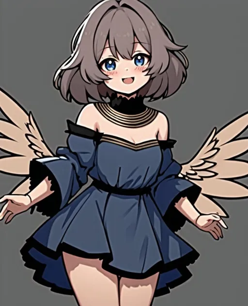 Prompt: anime, girl, young, detailed, She has light gold wings that are large and feathery, suggesting a gentle and serene nature. Her hair is blonde and styled in soft waves that frame her face, which has a cheerful and friendly expression with rosy cheeks. She wears a flowing, off-the-shoulder baby blue dress that complements the color of her wings. The dress is accentuated with gold bands around her neck, upper arms, and lower legs, adding a touch of elegance, very detailed