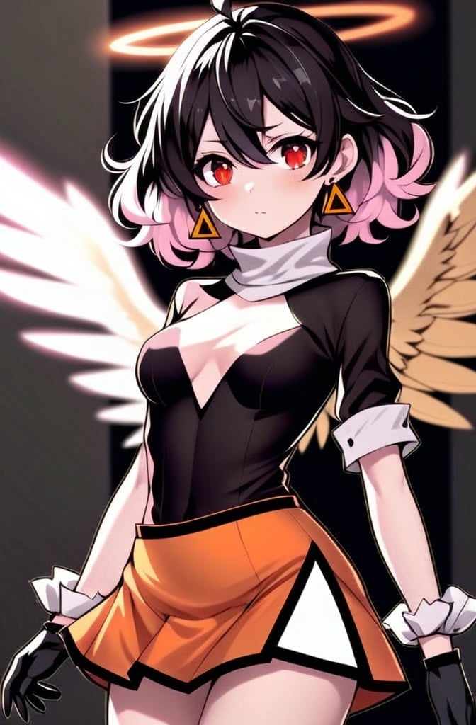 Prompt: anime, girl, detailed, large, expressive bright red eyes and long, wavy hair that transitions from light pink to magenta. A glowing halo floats above her head, and large, golden wings. She wears a form-fitting orange bodysuit with black and white accents, featuring a high collar, flared cuffs, and a semi-transparent orange skirt. Her accessories include triangle-shaped earrings and black gloves covering her forearms. Her legs are white with orange accents, and orange high-heeled boots, very detailed