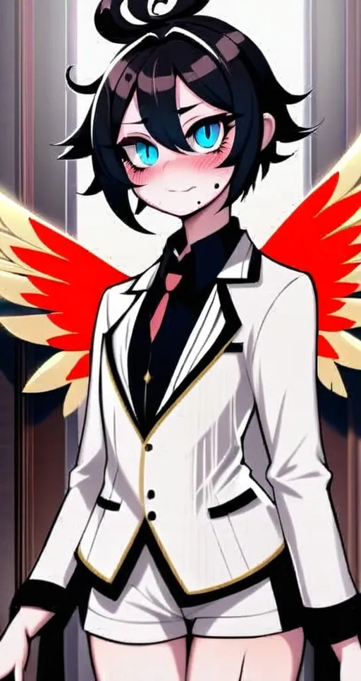 Prompt: has three, blue eyes with pink blush marks under them, wears a white suit, has six golden wings, very detailed, in the style of Hazbin Hotel. 
