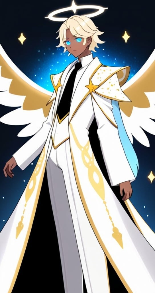 Prompt: anime, detailed, has blue eyes with pink blush marks under them, and his blond hair is styled in a wave. He is dressed in a tan and white outfit with gold accents and a black tie, topped with a white and blue robe adorned with star-like patterns. A halo floats above his head. He holds a large, ornate sword with a glowing hilt and an eye design, usually sheathed in a white sheath at his side. Six large, elaborate wings, soft and feathery in cream with golden parts, emphasize his angelic nature, very detailed