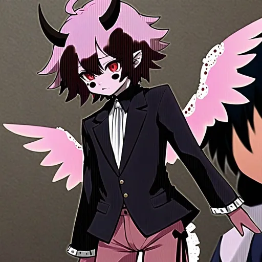 Prompt: anime, boy, detailed, pink hair and red and white horns, they have a red suit on and small pink wings, has red spots all over their light pink skin, very detailed