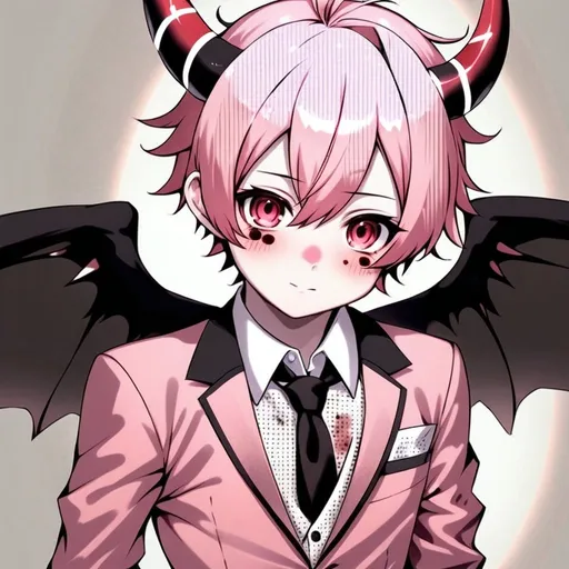 Prompt: anime, boy, detailed, pink hair and red and white horns, they have a red suit on and small pink wings, has red spots all over their light pink skin, very detailed