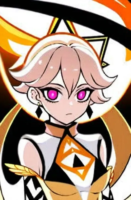 Prompt: anime, girl, detailed, large, expressive bright red eyes and long, wavy hair that transitions from light pink to magenta. A glowing halo floats above her head, and large, golden wings. She wears a form-fitting orange bodysuit with black and white accents, featuring a high collar, flared cuffs, and a semi-transparent orange skirt. Her accessories include triangle-shaped earrings and black gloves covering her forearms. Her legs are white with orange accents, and orange high-heeled boots, very detailed