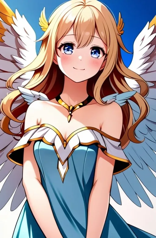 Prompt: anime, girl, young, detailed, She has light gold wings that are large and feathery, suggesting a gentle and serene nature. Her hair is blonde and styled in soft waves that frame her face, which has a cheerful and friendly expression with rosy cheeks. She wears a flowing, off-the-shoulder baby blue dress that complements the color of her wings. The dress is accentuated with gold bands around her neck, upper arms, and lower legs, adding a touch of elegance, very detailed
