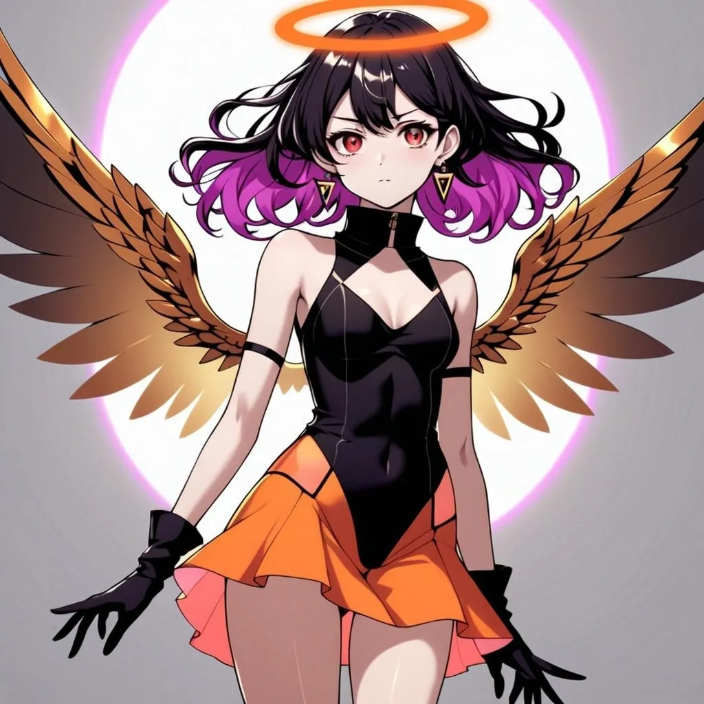 Prompt: anime, girl, detailed, large, expressive bright red eyes and long, wavy hair that transitions from light pink to magenta. A glowing halo floats above her head, and large, golden wings. She wears a form-fitting orange bodysuit with black and white accents, featuring a high collar, flared cuffs, and a semi-transparent orange skirt. Her accessories include triangle-shaped earrings and black gloves covering her forearms. Her legs are white with orange accents, and orange high-heeled boots, very detailed