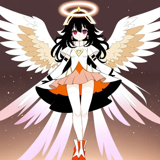 Prompt: anime, girl, detailed, large, expressive bright red eyes and long, wavy hair that transitions from light pink to magenta. A glowing halo floats above her head, and large, golden wings. She wears a form-fitting orange bodysuit with black and white accents, featuring a high collar, flared cuffs, and a semi-transparent orange skirt. Her accessories include triangle-shaped earrings and black gloves covering her forearms. Her legs are white with orange accents, and orange high-heeled boots, very detailed