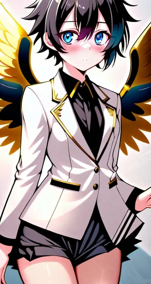 Prompt: anime, detailed, has three, blue eyes with pink blush marks under them, wears a white suit, has six golden wings, very detailed