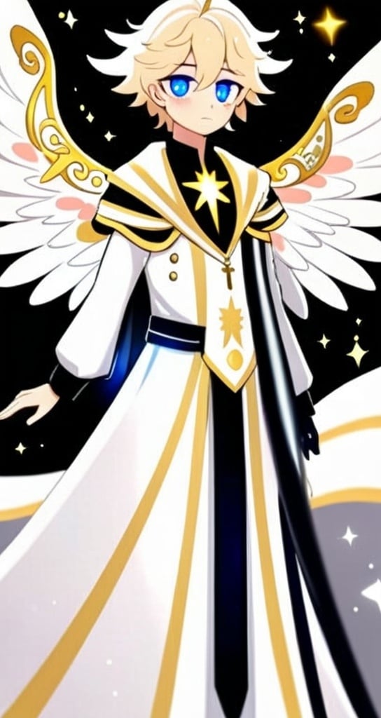 Prompt: anime, detailed, has blue eyes with pink blush marks under them, and his blond hair is styled in a wave. He is dressed in a tan and white outfit with gold accents and a black tie, topped with a white and blue robe adorned with star-like patterns. A halo floats above his head. He holds a large, ornate sword with a glowing hilt and an eye design, usually sheathed in a white sheath at his side. Six large, elaborate wings, soft and feathery in cream with golden parts, emphasize his angelic nature, very detailed