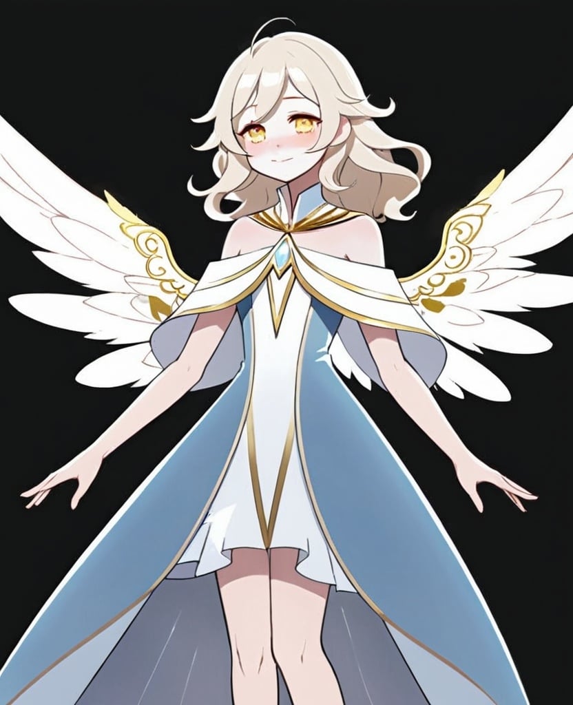 Prompt: anime, girl, young, detailed, She has light gold wings that are large and feathery, suggesting a gentle and serene nature. Her hair is blonde and styled in soft waves that frame her face, which has a cheerful and friendly expression with rosy cheeks. She wears a flowing, off-the-shoulder baby blue dress that complements the color of her wings. The dress is accentuated with gold bands around her neck, upper arms, and lower legs, adding a touch of elegance, very detailed