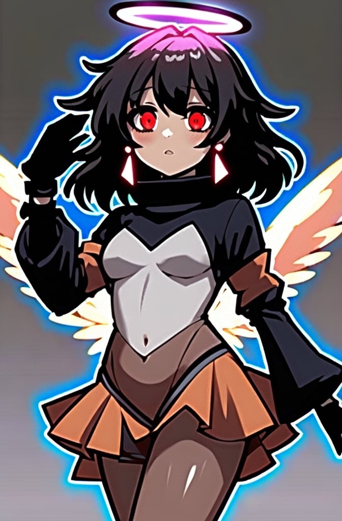 Prompt: anime, girl, detailed, large, expressive bright red eyes and long, wavy hair that transitions from light pink to magenta. A glowing halo floats above her head, and large, golden wings. She wears a form-fitting orange bodysuit with black and white accents, featuring a high collar, flared cuffs, and a semi-transparent orange skirt. Her accessories include triangle-shaped earrings and black gloves covering her forearms. Her legs are white with orange accents, and orange high-heeled boots, very detailed