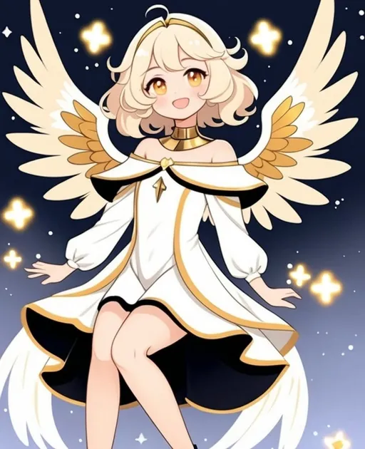 Prompt: anime, girl, young, detailed, She has light gold wings that are large and feathery, suggesting a gentle and serene nature. Her hair is blonde and styled in soft waves that frame her face, which has a cheerful and friendly expression with rosy cheeks. She wears a flowing, off-the-shoulder baby blue dress that complements the color of her wings. The dress is accentuated with gold bands around her neck, upper arms, and lower legs, adding a touch of elegance, very detailed