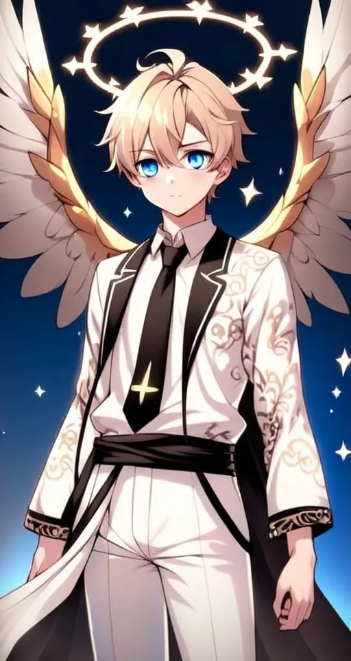 Prompt: anime, detailed, has blue eyes with pink blush marks under them, and his blond hair is styled in a wave. He is dressed in a tan and white outfit with gold accents and a black tie, topped with a white and blue robe adorned with star-like patterns. A halo floats above his head. He holds a large, ornate sword with a glowing hilt and an eye design, usually sheathed in a white sheath at his side. Six large, elaborate wings, soft and feathery in cream with golden parts, emphasize his angelic nature, very detailed