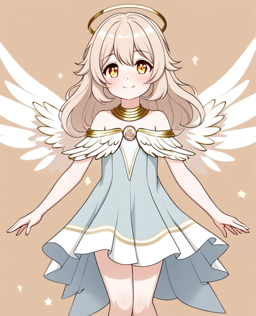 Prompt: anime, girl, young, detailed, She has light gold wings that are large and feathery, suggesting a gentle and serene nature. Her hair is blonde and styled in soft waves that frame her face, which has a cheerful and friendly expression with rosy cheeks. She wears a flowing, off-the-shoulder baby blue dress that complements the color of her wings. The dress is accentuated with gold bands around her neck, upper arms, and lower legs, adding a touch of elegance, very detailed