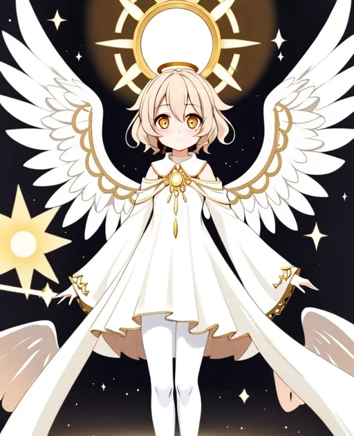 Prompt: anime, girl, young, detailed, She has short, wavy light blonde hair with lighter highlights and large, expressive eyes that convey a sense of warmth and friendliness. A golden halo floats above her head, emphasizing her celestial nature. She has large, white wings that extend gracefully behind her. Her outfit is elegant and somewhat traditional, consisting of a flowing white dress with gold accents on the cuffs, collar, and hem. The dress has a high-low design, with the front hem shorter than the back, revealing white tights, very detailed