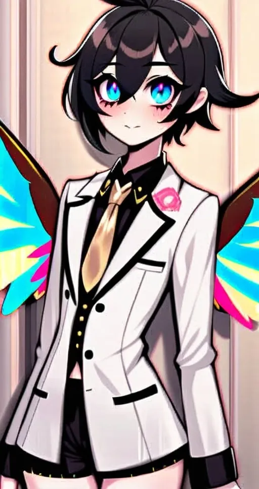 Prompt: has three, blue eyes with pink blush marks under them, wears a white suit, has six golden wings, very detailed, in the style of Hazbin Hotel. 