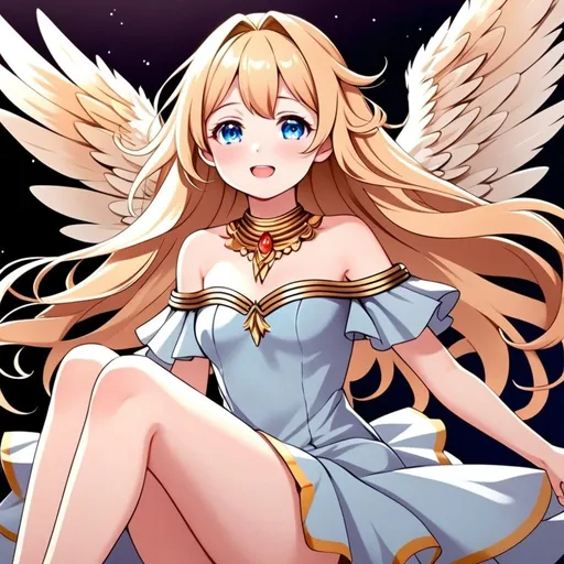 Prompt: anime, girl, young, detailed, She has light gold wings that are large and feathery, suggesting a gentle and serene nature. Her hair is blonde and styled in soft waves that frame her face, which has a cheerful and friendly expression with rosy cheeks. She wears a flowing, off-the-shoulder baby blue dress that complements the color of her wings. The dress is accentuated with gold bands around her neck, upper arms, and lower legs, adding a touch of elegance, very detailed