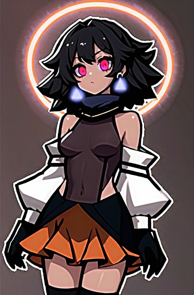 Prompt: anime, girl, detailed, large, expressive bright red eyes and long, wavy hair that transitions from light pink to magenta. A glowing halo floats above her head, and large, golden wings. She wears a form-fitting orange bodysuit with black and white accents, featuring a high collar, flared cuffs, and a semi-transparent orange skirt. Her accessories include triangle-shaped earrings and black gloves covering her forearms. Her legs are white with orange accents, and orange high-heeled boots, very detailed