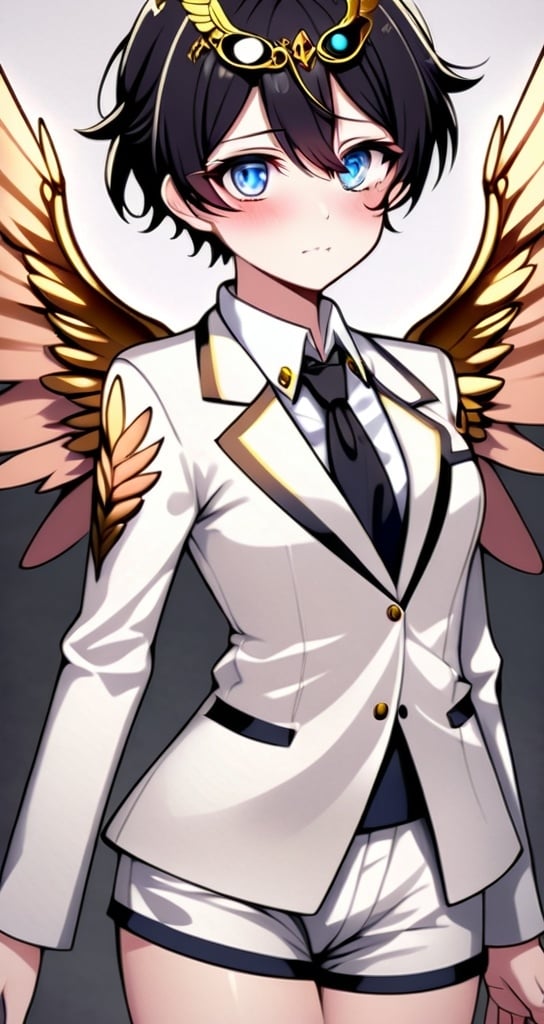 Prompt: anime, detailed, has blue eyes with pink blush marks under them, wears a white suit, has six golden wings and three eyes, very detailed