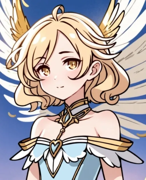 Prompt: anime, girl, young, detailed, She has light gold wings that are large and feathery, suggesting a gentle and serene nature. Her hair is blonde and styled in soft waves that frame her face, which has a cheerful and friendly expression with rosy cheeks. She wears a flowing, off-the-shoulder baby blue dress that complements the color of her wings. The dress is accentuated with gold bands around her neck, upper arms, and lower legs, adding a touch of elegance, very detailed