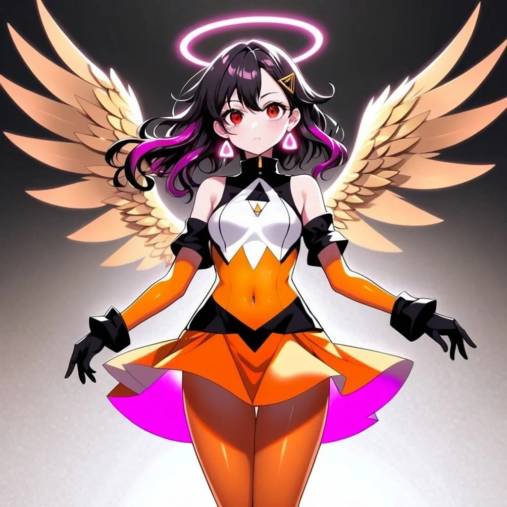 Prompt: anime, girl, detailed, large, expressive bright red eyes and long, wavy hair that transitions from light pink to magenta. A glowing halo floats above her head, and large, golden wings. She wears a form-fitting orange bodysuit with black and white accents, featuring a high collar, flared cuffs, and a semi-transparent orange skirt. Her accessories include triangle-shaped earrings and black gloves covering her forearms. Her legs are white with orange accents, and orange high-heeled boots, very detailed