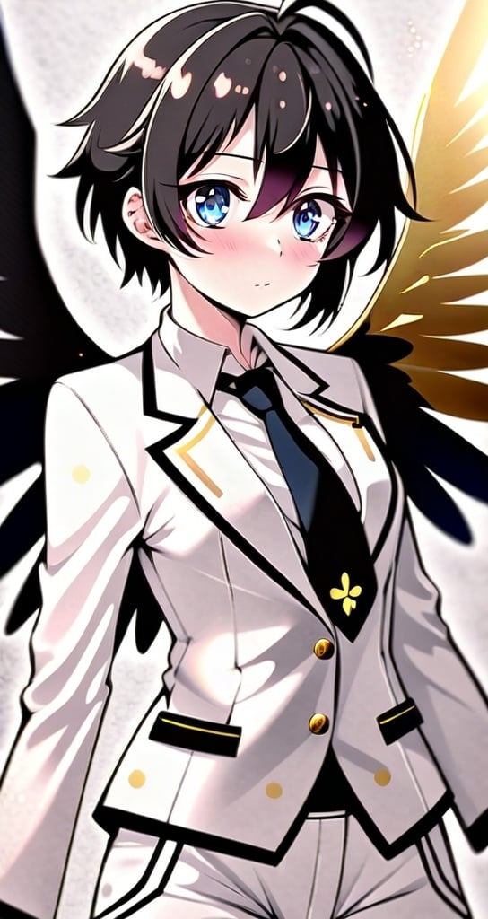 Prompt: anime, detailed, has three, blue eyes with pink blush marks under them, wears a white suit, has six golden wings, very detailed