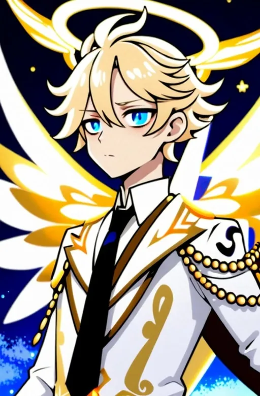 Prompt: anime, detailed, has blue eyes with pink blush marks under them, and his blond hair is styled in a wave. He is dressed in a tan and white outfit with gold accents and a black tie, topped with a white and blue robe adorned with star-like patterns. A halo floats above his head. He holds a large, ornate sword with a glowing hilt and an eye design, usually sheathed in a white sheath at his side. Six large, elaborate wings, soft and feathery in cream with golden parts, emphasize his angelic nature, very detailed