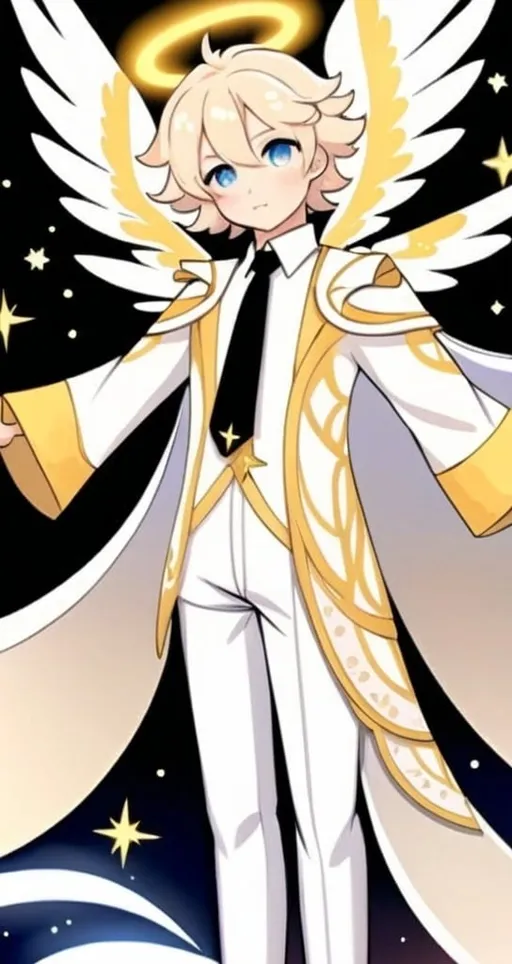 Prompt: anime, detailed, has blue eyes with pink blush marks under them, and his blond hair is styled in a wave. He is dressed in a tan and white outfit with gold accents and a black tie, topped with a white and blue robe adorned with star-like patterns. A halo floats above his head. He holds a large, ornate sword with a glowing hilt and an eye design, usually sheathed in a white sheath at his side. Six large, elaborate wings, soft and feathery in cream with golden parts, emphasize his angelic nature, very detailed