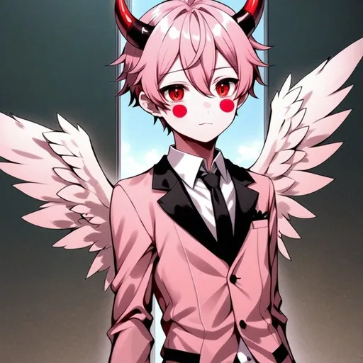 Prompt: anime, boy, detailed, pink hair and red and white horns, they have a red suit on and small pink wings, has red spots all over their light pink skin, very detailed