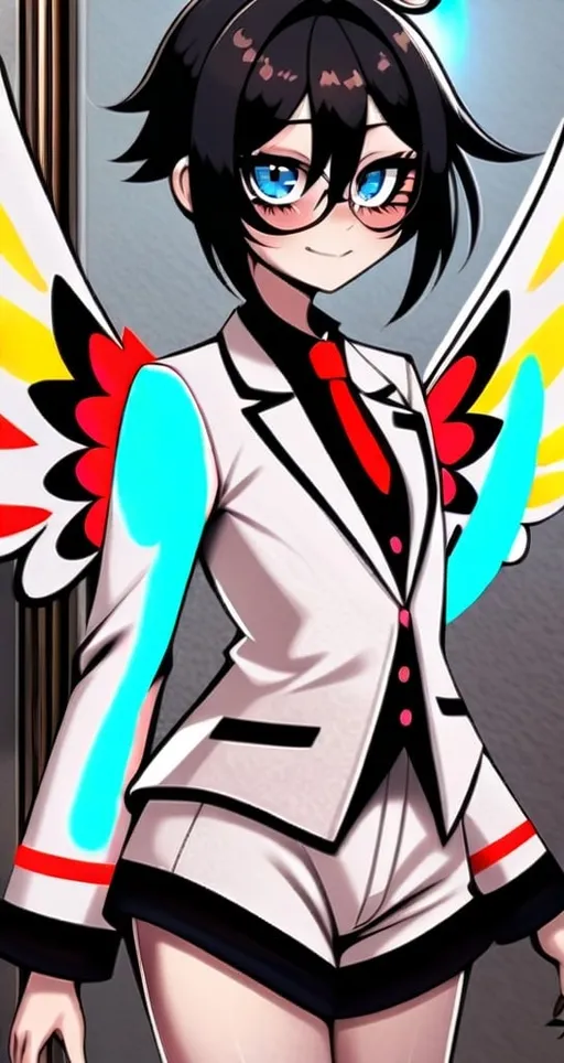 Prompt: has three, blue eyes with pink blush marks under them, wears a white suit, has six golden wings, very detailed, in the style of Hazbin Hotel. 