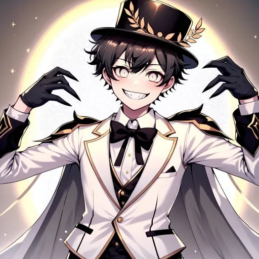 Prompt: anime, detailed, he has a smooth, featureless face with a wide, exaggerated grin and multiple stylized eyes, some appearing on the hat and floating around the head. They have dark, claw-like hands contrasting with the light-colored attire. The character wears a large white top hat adorned with gold decorations, including a laurel wreath and other ornate elements. Their outfit includes a white suit with gold trim, shoulder pads with gold details and wing-like designs, and a classic black bow tie. They also have a flowing white cape that transitions to light blue with star-like sparkles at the bottom, very detailed