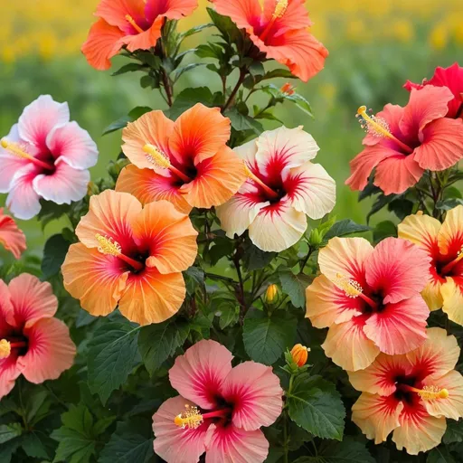 Prompt: different colors of hibiscus flowers on a summer day in a field