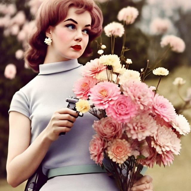 Prompt: 1960s woman holding pastel gun and flowers. Eery.