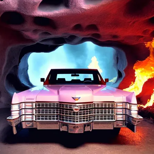 Prompt: Cadillac on fire in pastel cave.