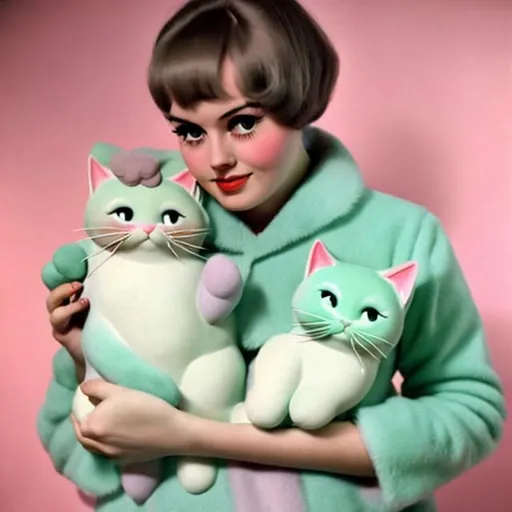 Prompt: 1960s woman holding pastel cat. Eery.