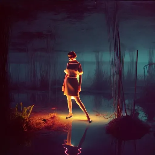 Prompt: 1960 retro futurism pastel lighting, 1960s woman in a swamp. 