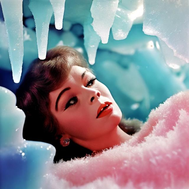 Prompt: 1960s woman lying in a cave filled with icicles and everything is colored pastel. Realistic.