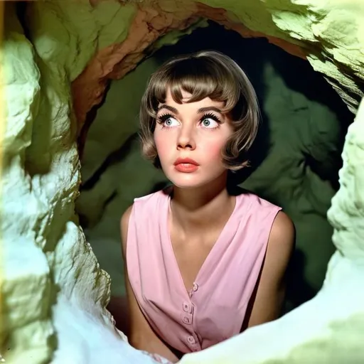 Prompt: 1960s woman peering into pastel colored cave. Realistic. Show a lot of the cave. 