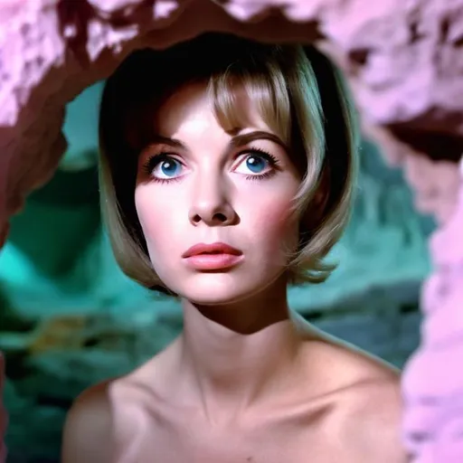 Prompt: 1960s woman peering into pastel colored cave. Realistic. Show a lot of the cave. 