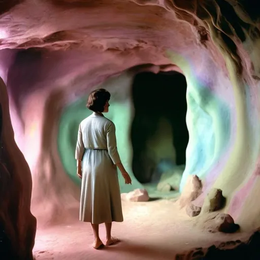 Prompt: A woman from 1960 in pastel cave, with a lot of the cave in scene. 