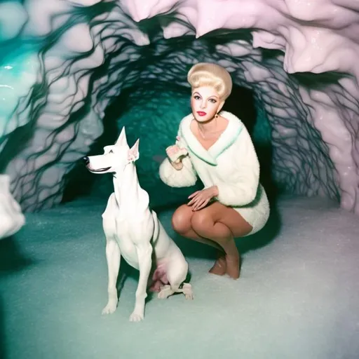 Prompt: White Doberman and 1960s woman in pastel ice cave. 