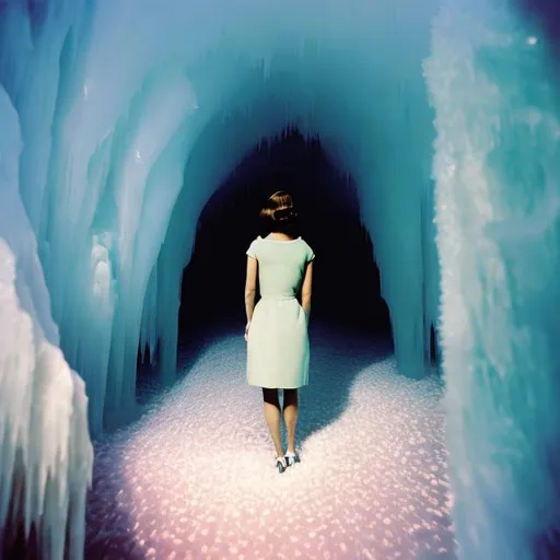 Prompt: 1960s woman facing forwards in pastel ice cave filled with flowers.